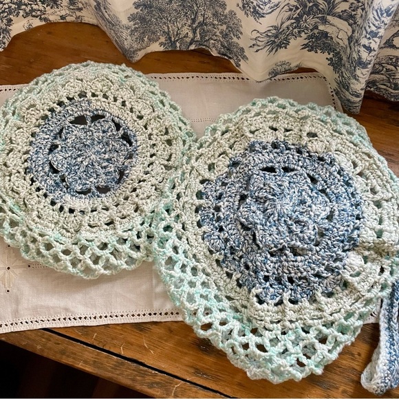NEW! Handcrafted Crochet 100% Cotton Packable Tote Bag & Pouch - Blue/Green - Picture 7 of 16